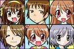  4girls ^_^ ^o^ asahina_mikuru brown_eyes brown_hair c-chaos closed_eyes expressionless face hair_bobbles hair_ornament hairband icons kita_high_school_uniform koizumi_itsuki kyon kyon_no_imouto long_hair lowres multiple_boys multiple_girls nagato_yuki one_side_up open_mouth purple_hair red_eyes school_uniform short_hair suzumiya_haruhi suzumiya_haruhi_no_yuuutsu upper_body 