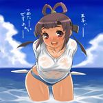  arms_behind_back bikini_bottom breasts dr.p gensou_suikoden gensou_suikoden_v hanging_breasts large_breasts leaning_forward lowres miakis no_bra purple_eyes purple_hair shirt smile solo swimsuit text_focus thighs translated wading water wet wet_clothes wet_shirt wet_t-shirt 