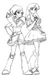  80s artist_request boots cosplay cure_black cure_black_(cosplay) cure_white cure_white_(cosplay) dirty_pair futari_wa_precure greyscale kei_(dirty_pair) knee_boots magical_girl midriff monochrome multiple_girls oldschool parody precure trait_connection yuri_(dirty_pair) 