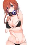  1girl bare_shoulders black_bra blue_eyes blush bra breasts brown_hair bush cleavage closed_mouth crossed_arms eyebrows_visible_through_hair go-toubun_no_hanayome hair_between_eyes headphones headphones_around_neck highres large_breasts long_hair nakano_miku panties stomach tomura2maru underwear 