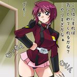  black_legwear black_panties blouse blue_eyes gundam gundam_seed gundam_seed_destiny hand_on_hip haruyama_kazunori long_sleeves lowres lunamaria_hawke microskirt military military_uniform mirror nipples panties pantyshot pantyshot_(standing) pink_skirt pose red_hair short_hair skirt solo standing thighhighs translated underwear uniform 