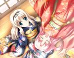  akino_shin blonde_hair blue_eyes happy japanese_clothes kimono kusugawa_sasara long_sleeves maaryan multiple_girls pink_hair to_heart_2 