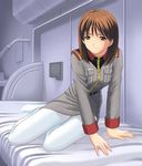  artist_request bed brown_eyes brown_hair gundam gundam_lost_war_chronicles long_sleeves military military_uniform noel_anderson pantyhose short_hair solo uniform white_legwear 