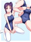  1girl :o ass bangs barefoot between_legs blue_background blue_swimsuit blush collarbone commentary_request competition_school_swimsuit covered_navel halftone halftone_background hand_between_legs head_out_of_frame kazuno_sarah looking_at_viewer love_live! love_live!_sunshine!! multiple_views outline purple_eyes purple_hair school_swimsuit side_ponytail sidelocks sitting spread_legs swimsuit thighhighs wariza white_legwear white_outline yopparai_oni 