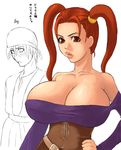  1girl bandana breasts brown_eyes brown_hair cleavage corset dragon_quest dragon_quest_viii dress hand_on_hip huge_breasts jessica_albert lips long_hair red_hair strapless strapless_dress tenji twintails 