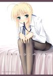  ahoge artoria_pendragon_(all) blonde_hair blush breasts cleavage cover doujinshi fate/stay_night fate_(series) green_eyes komori_kei long_sleeves medium_breasts mouth_hold no_bra open_clothes open_shirt pantyhose ribbon saber shirt sitting solo thighband_pantyhose 