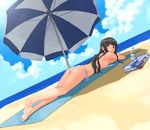  barefoot beach beach_umbrella bikini black_eyes black_hair bottle cloud day dutch_angle feet full_body futami_eriko highres imo_works kimi_kiss lying on_stomach outdoors side-tie_bikini soles solo swimsuit topless towel umbrella untied untied_bikini white_bikini 