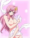  bangs blue_eyes breast_hold breasts grin groin gundam gundam_seed gundam_seed_destiny hair_ornament lacus_clyne large_breasts long_hair looking_at_viewer lux naughty_face nipples non-web_source nude parted_bangs pink_hair polka_dot polka_dot_background shawl smile solo sparkle standing 