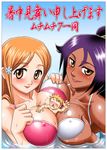  areolae between_breasts bikini_top bleach blush breasts chibi cleavage dark_skin hikami_dan inoue_orihime kurosaki_ichigo large_breasts long_hair miniboy multiple_girls orange_hair person_between_breasts ponytail purple_hair shihouin_yoruichi swimsuit text_focus water 