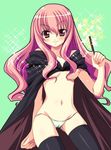  black_legwear blush cape green_panties long_hair louise_francoise_le_blanc_de_la_valliere lowleg lowleg_panties navel no_bra panties pink_eyes pink_hair solo standing tajima_yoshikazu thighhighs underwear zero_no_tsukaima 