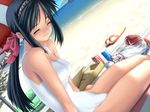  beach beach_umbrella black_hair blanket breasts can casual_one-piece_swimsuit cleavage closed_eyes coca-cola day dutch_angle game_cg hair_ribbon hairband hunched_over innertube kawata_hisashi kuwashima_takako medium_breasts ocean one-piece_swimsuit outdoors pocari_sweat ponytail product_placement ribbon sandals sitting smile soda solo summer swimsuit tasogare umbrella water white_swimsuit yokozuwari 