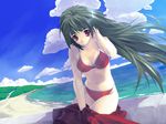  beach bikini day f&amp;c game_cg green_hair izumi_yuujirou long_hair ocean outdoors red_eyes solo summer swimsuit 