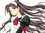  black_hair blush cravat fate/stay_night fate_(series) green_eyes jewelry long_hair long_sleeves maid maid_headdress pin.x puffy_sleeves simple_background solo sweatdrop toosaka_rin two_side_up upper_body white_background 