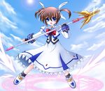  blue_eyes blue_sky blush bow bowtie brown_hair cloud day dress fingerless_gloves full_body gloves hair_ribbon long_skirt long_sleeves lyrical_nanoha magazine_(weapon) magic_circle magical_girl mahou_shoujo_lyrical_nanoha mahou_shoujo_lyrical_nanoha_a's octagram parted_lips raising_heart red_bow ribbon shoes short_hair skirt sky solo star_of_lakshmi sun takamachi_nanoha twintails uniform utanone_shion winged_shoes wings 