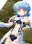 2006 :o android blue_eyes breasts copyright_name elbow_gloves gloves looking_at_viewer navel orange_eyes phantasy_star phantasy_star_universe robot_ears robot_joints s_nyaau short_hair small_breasts solo underboob white_background 