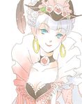  blue_eyes cape choker dress earrings flower frilled_dress frills gensou_suikoden gensou_suikoden_v hair_up jerry_(artist) jewelry josephine lowres pink_dress pink_flower pink_rose rose silver_hair solo 