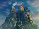  airship artist_request blue_sky bridge castle chimney cliff cloud fantasy final_fantasy final_fantasy_ix flying gate heraldry mountain nature no_humans outdoors scenery sky smoke steampunk tower 