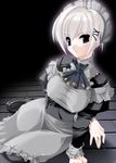  black_eyes breasts copyright_request covered_nipples dress highres jian large_breasts long_sleeves maid sitting solo white_hair 