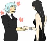  1girl black_hair blush bracelet braid closed_eyes couple dress flower formal freyjadour_falenas gensou_suikoden gensou_suikoden_v hetero jewelry kobu_(cobosu) long_hair long_sleeves lowres necktie silver_hair suit zerase 