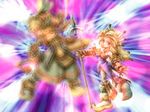  artist_request bare_shoulders blonde_hair blurry elbow_gloves gloves hair_ornament hair_stick imu_(lom) lance legend_of_mana long_hair looking_at_viewer lowres polearm purple_eyes seiken_densetsu solo weapon 