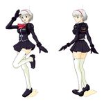  android artist_request black_gloves blue_eyes blush game_console gloves hairband leg_lift long_sleeves personification salute sega sega_mega_drive short_hair silver_hair skirt smile thighhighs white_legwear zettai_ryouiki 