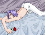  bed_sheet blue_hair flower green_eyes h.m.ogburn holding holding_flower kojirou_(pokemon) male_focus pokemon pokemon_(anime) red_flower red_rose rose shirtless signature solo top-down_bottom-up 