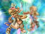  armor armored_boots artist_request blonde_hair blue_eyes blurry boots curly_hair feathers full_body gloves hat helmet legend_of_mana long_sleeves lowres seiken_densetsu short_hair smile solo standing sword toto_(lom) unsheathed weapon 