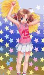  :d arm_up armpits bangs bare_arms bare_shoulders blue_eyes blush brown_hair cheerleader dual_wielding eyebrows_visible_through_hair goto_p hair_ribbon haruno_sakura_(wandaba_style) holding kneehighs long_hair looking_down miniskirt open_mouth parted_bangs pink_ribbon pleated_skirt pom_poms ribbon skirt sleeveless smile solo standing star starry_background tareme twintails wandaba_style white_legwear white_skirt 