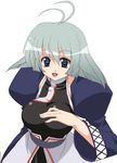  :d antenna_hair blue_eyes breasts date_(senpen) detached_sleeves green_hair juliet_sleeves kamyu large_breasts long_hair long_sleeves looking_at_viewer open_mouth puffy_sleeves simple_background smile solo underbust upper_body utawareru_mono white_background 