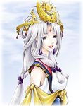  arshtat_falenas blue_eyes braid breasts cogwheel crown detached_sleeves dress gensou_suikoden gensou_suikoden_v hat long_hair lowres medium_breasts silver_hair smile solo 