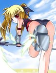  :o armor armored_boots ass bardiche bent_over blonde_hair blush bodysuit boots fate_testarossa hair_ribbon holding leg_up leotard looking_at_viewer looking_back lyrical_nanoha mahou_shoujo_lyrical_nanoha mahou_shoujo_lyrical_nanoha_a's parted_lips polearm red_eyes ribbon sleeveless solo staff twintails utanone_shion vambraces weapon 