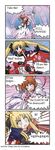  4koma arm_belt belt blonde_hair bow brown_hair cape comic fate_testarossa hard_translated long_sleeves lyrical_nanoha magic_circle magical_girl mahou_shoujo_lyrical_nanoha multiple_girls parody raising_heart red_bow sanari_(quarter_iceshop) takamachi_nanoha torn_clothes translated twintails white_devil 