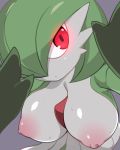  1girl areolae bangs breasts closed_mouth creatures_(company) female game_freak gardevoir gen_3_pokemon glowing glowing_eyes green_hair green_skin grey_skin hair_over_one_eye hands_up kuro_mushi large_breasts nintendo nipples no_humans pokemon pokemon_(creature) purple_background red_eyes shiny shiny_skin short_hair simple_background solo sweat two-tone_skin upper_body 