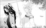  1girl black_hair breasts cleavage couple dress freyjadour_falenas gensou_suikoden gensou_suikoden_v greyscale hetero large_breasts long_hair lowres monochrome nipples parasol plant shared_umbrella tree umbrella zerase 