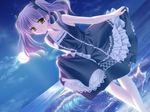  amano_chiwa beach blue_dress cloud dress dutch_angle game_cg gothic gothic_lolita green_eyes lolita_fashion looking_at_viewer matsushita_makako moon night night_sky open_mouth purple_hair rakko_(makarakko) ribbon seaside sky smile solo tied_hair twintails underbar_summer water 