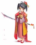  black_hair blood copyright_request flower hair_flower hair_ornament hairpin japanese_clothes katana kimono long_sleeves red_eyes solo sword twintails weapon yurikuta_tsukumi 