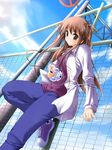  aoi_mikan brown_eyes brown_hair chain-link_fence coat denim fence jeans long_hair long_sleeves original pants power_lines ribbon solo 