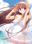  adjusting_eyewear bare_shoulders blush breasts brown_hair casual_one-piece_swimsuit cleavage copyright_request fisheye glasses hairband innertube long_hair medium_breasts one-piece_swimsuit purple_eyes sasahiro smile solo swimsuit wind 