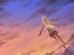  barefoot blonde_hair from_behind legs long_hair original outstretched_arms peaceful shihira_tatsuya skirt sky solo spread_arms sunset water white_skirt 