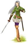  chris_lightfellow cogwheel gensou_suikoden gensou_suikoden_iii long_hair long_sleeves pantyhose purple_eyes silver_hair solo sword weapon 