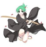  earrings green_eyes green_hair higurashi_no_naku_koro_ni japanese_clothes jewelry katana kimono long_sleeves looking_at_viewer matsukura_nemu mature petals simple_background smile solo sonozaki_akane sword tabi tied_hair weapon white_background 