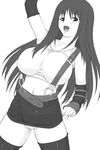  breasts cosplay cowboy_shot final_fantasy final_fantasy_vii genshiken greyscale huge_breasts long_hair miniskirt monochrome oono_kanako panties pencil_skirt shichimenchou skirt solo thighhighs tifa_lockhart tifa_lockhart_(cosplay) underwear 