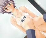  akatuki_(yamina) bangs glasses lowres nagato_yuki name_tag nipples one-piece_swimsuit school_swimsuit short_hair solo suzumiya_haruhi_no_yuuutsu swimsuit white_school_swimsuit white_swimsuit 