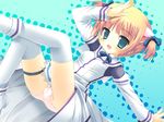  blonde_hair boots bow bowtie copyright_request dress green_eyes hair_ornament hair_ribbon long_sleeves meito_(maze) panties pantyshot pink_panties ribbon short_hair short_twintails solo thighhighs twintails underwear white_dress white_legwear 