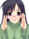 :p artist_request black_eyes black_hair copyright_request cross glasses green_shirt jewelry latin_cross long_hair long_sleeves necklace red-framed_eyewear shirt solo sweater tongue tongue_out 