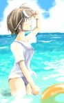  azusayumi brown_hair copyright_request day eyewear_on_head glasses innertube looking_afar lowres ocean one-piece_swimsuit outdoors profile see-through shirt short_hair solo swimsuit swimsuit_under_clothes tied_shirt wading water wet wet_clothes wet_shirt 