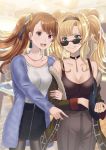  2girls :d alternate_costume aqua_eyes arm_hug bag bare_shoulders beatrix_(granblue_fantasy) black_choker black_hairband black_shirt black_skirt blonde_hair blue_jacket blurry braid breasts brown_eyes brown_hair casual choker cleavage collarbone commentary_request cowboy_shot depth_of_field earrings floating_hair fur-trimmed_jacket fur_trim granblue_fantasy green_jacket grey_legwear grey_pants grin hair_intakes hair_ornament hairband highres jacket jewelry long_hair long_sleeves looking_at_viewer looking_over_eyewear medium_breasts miniskirt multiple_girls myusha necklace off_shoulder open_clothes open_jacket open_mouth pants pantyhose pencil_skirt ponytail ring shirt shirt_tucked_in side-by-side skirt sleeveless sleeveless_shirt smile standing sunglasses tank_top tassel teeth twintails white_shirt zeta_(granblue_fantasy) zipper 