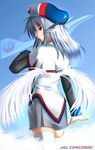  aircraft airplane c-wing flight_airplanes head_wings japan_airlines long_sleeves mascot mecha_musume personification red_eyes silver_hair solo thighhighs wings zettai_ryouiki 