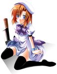  black_legwear blue_eyes hat higurashi_no_naku_koro_ni orange_hair otoki_raku ryuuguu_rena school_uniform short_hair sitting solo thighhighs wariza 