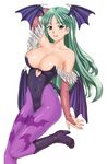  animal_print bare_shoulders bat_print black_leotard breasts cleavage demon_girl green_eyes green_hair head_wings large_breasts leotard long_hair morrigan_aensland pantyhose print_legwear purple_wings solo succubus tonbidou vampire_(game) wings 